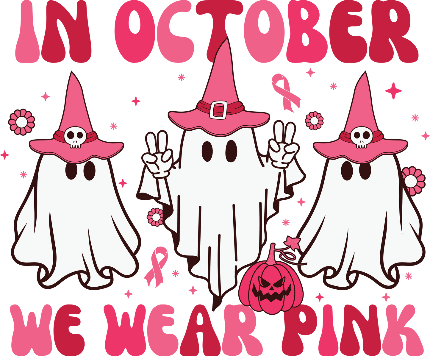 In October We Wear Pink Breast Cancer Awareness Halloween DTF Transfer – 11x9 Inch Full-Color Transfer