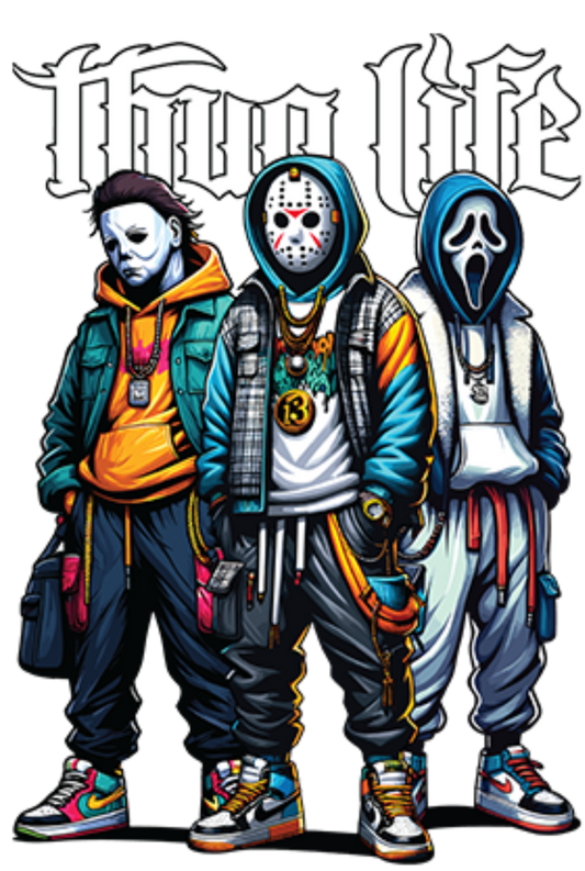 Thug Life Horror Movies Trio DTF Transfer – 11x16.4 in Streetwear Design