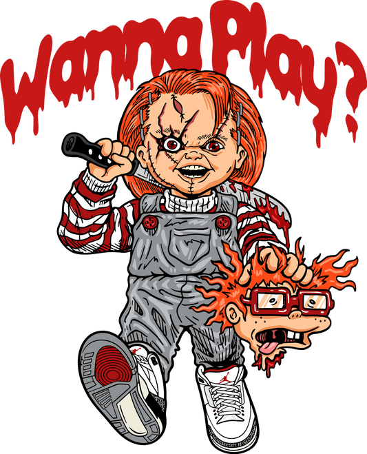 Chucky “Wanna Play?” DTF Transfer – 11x13.6 in Horror Design